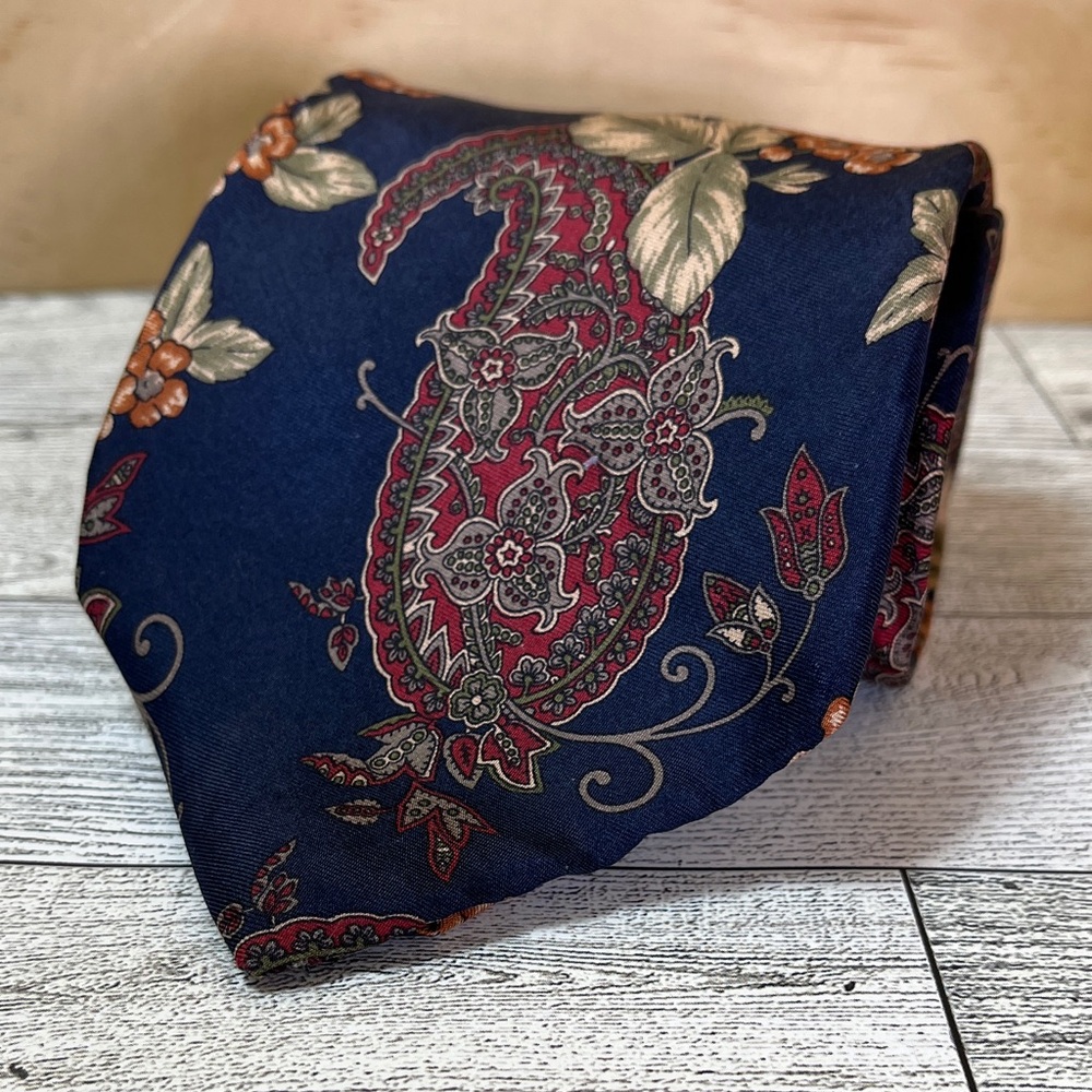 Vintage Pierre Balmain Italian Silk Floral Paisley Blue Burgandy Cream Tie